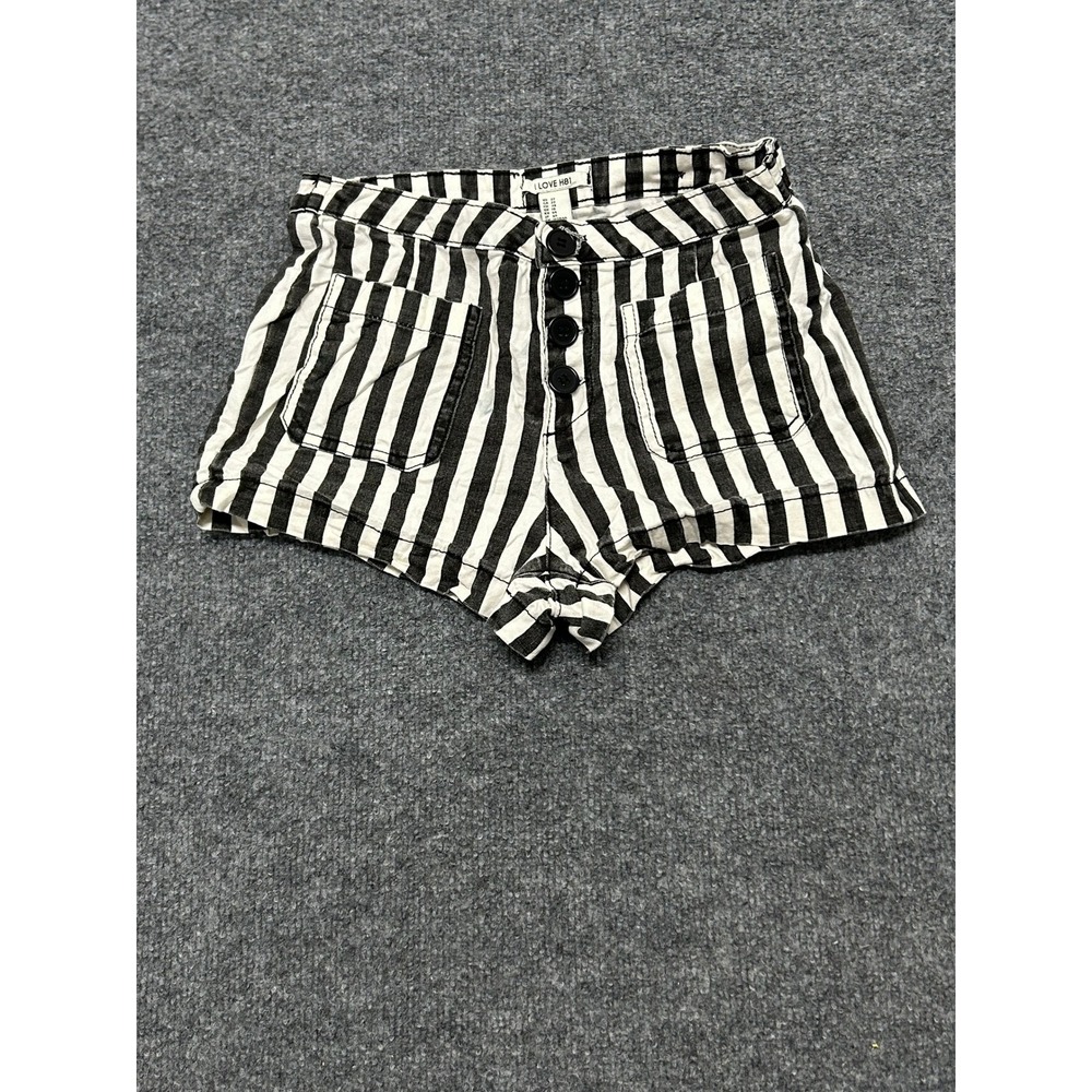 I LOVE H81 Shorts Womens Size 27 Black White Striped Button Fly Cotton Casual